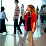 A female-presenting musician sings into a microphone in a dance studio, while students walk in the backdrop behind her.