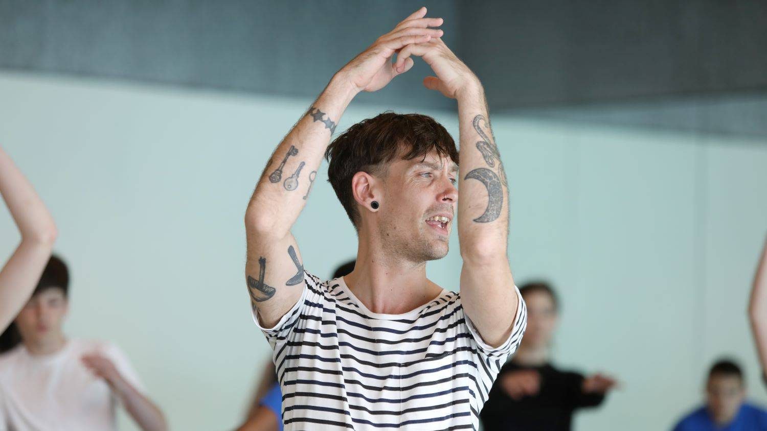 Adult Choreo Lab Class, adult mid movement with arms aloft